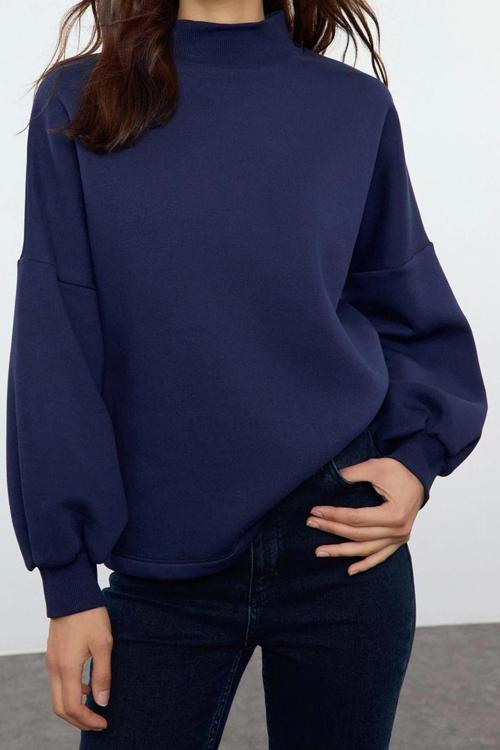 Oversize Dik Yaka Düşük Kol Uzun Basic Geniş Kalıp Yarım Balıkçı Kalın Polarlı Örme Sweatshirt