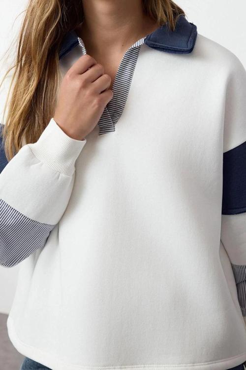 Tarz Bol Polo Yaka Düşük Kol Uzun Dokuma Garnili Geniş Kalıp Örme Sweatshirt