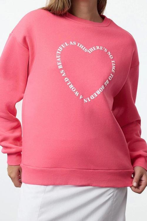 Bol Bisiklet Yaka Düşük Kol Uzun Geniş Kalıp Sırt Baskılı Kalın İçi Polarlı Örme Sweatshirt