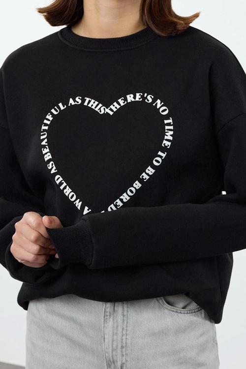 Bol Bisiklet Yaka Düşük Kol Uzun Geniş Kalıp Sırt Baskılı Kalın İçi Polarlı Örme Sweatshirt