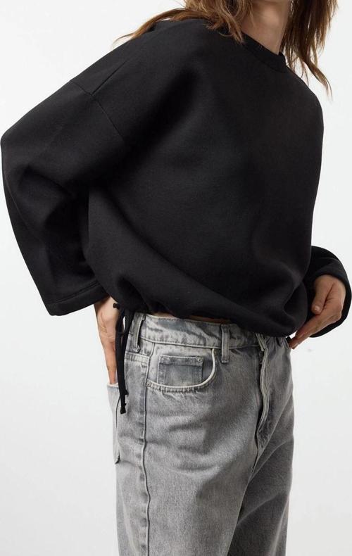 Tarz Relaxed Bisiklet Yaka Düşük Kol Regular Rahat Kalıp Stoper Detaylı Örme Sweatshirt