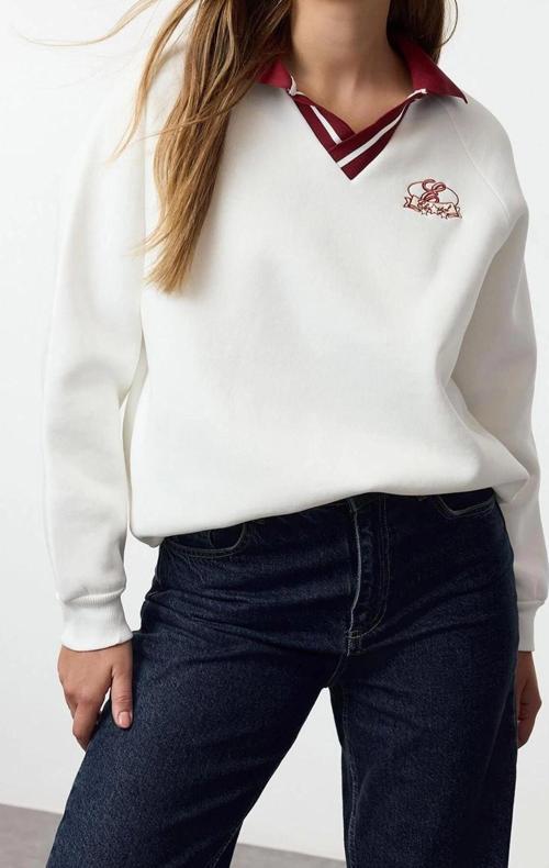 Tarz Bol Polo Yaka Düşük Kol Uzun Nakışlı Gneiş Kalıp Kalın İçi Polarlı Örme Sweatshirt