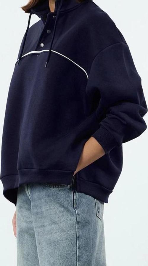 Bol Dik Yaka Düşük Kol Uzun Çıtçıtlı Kalıp Çıtçıtlı Biyeli Kalın İçi Polarlı Örme Sweatshirt
