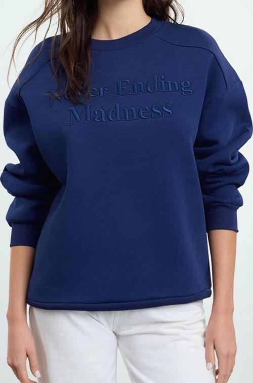 Bol Bisiklet Yaka Düşük Kol Uzun Slogan Nakışlı Geniş Kalıp Kalın İçi Polarlı Örme Sweatshirt