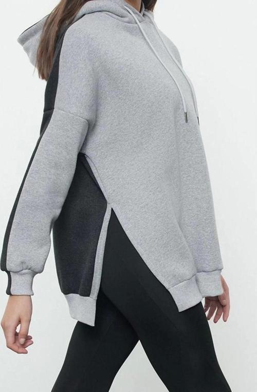 Tarz Oversize Kapüşonlu Düşük Kol Uzun Geniş Kalıp İçi Polarlı Örme Spor Sweatshirt
