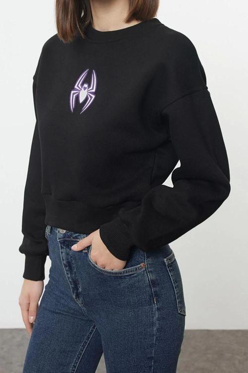 Crop Bisiklet Yaka Düşük Kol Crop Örümcek Baskılı Normal Kalıp Kalın Polarlı Örme Sweatshirt
