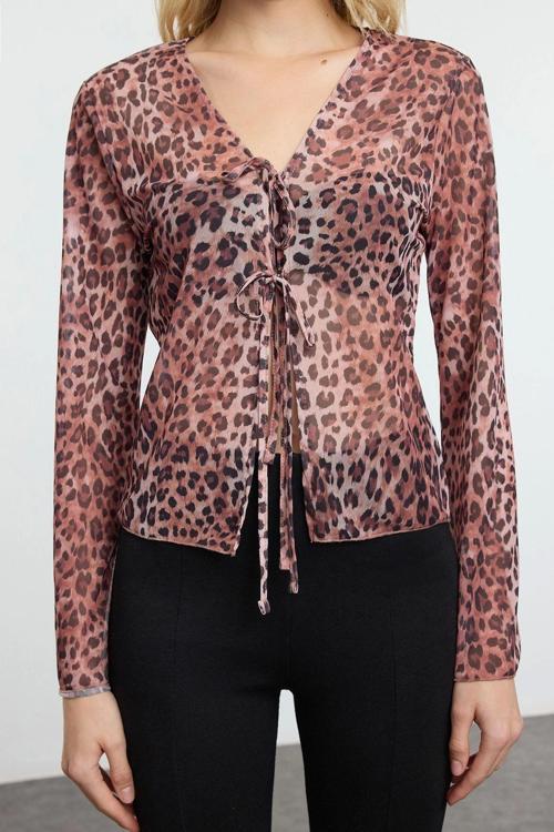 Moda V Yaka Örme Regular Animal Desen Casual Günlük Regular Uzun Kol Bluz