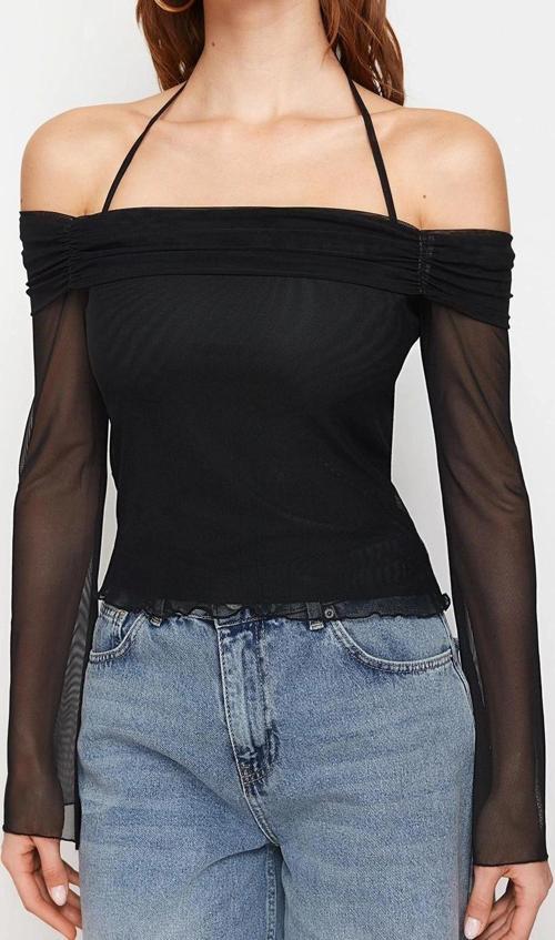 Moda Carmen Yaka Örme Regular Düz Desen Casual Günlük Crop Uzun Kol Bluz
