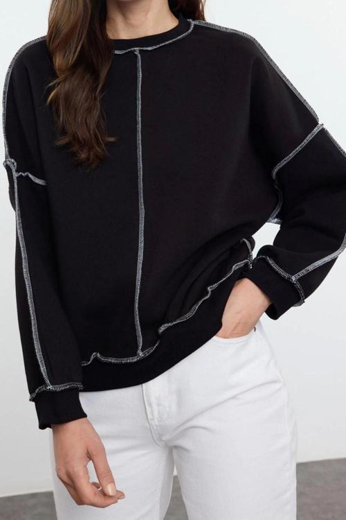Bol Bisiklet Yaka Düşük Kol Uzun Karyoka Dikişli Geniş Kalıp Kalın İçi Polarlı Örme Sweatshirt