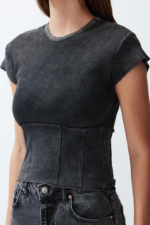 Moda Bisiklet Yaka Örme Slim Düz Desen Casual Günlük Regular Kısa Kol Bluz
