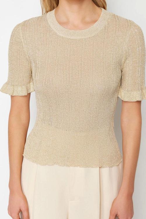 Stil Modern Kadın Regular Standart Kol Bisiklet Yaka Simli Kol Detaylı T-Shirt Görünümlü Triko Kazak