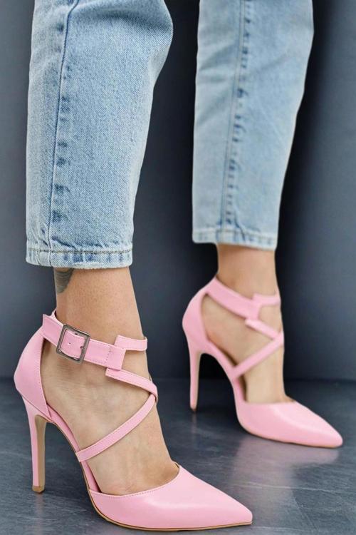 Kadın Sivri Burun Çapraz Bant Topuklu Ayakkabı Tokalı İnce Topuk Stiletto Edrie