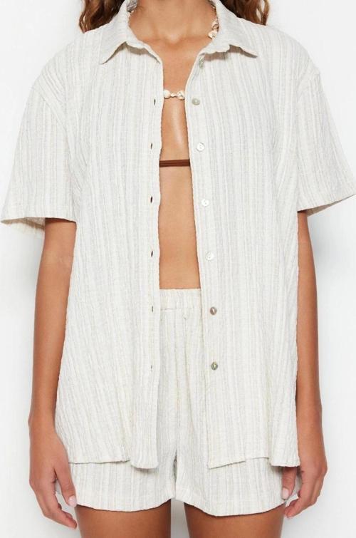 Moda Örme Düz Gömlek Yaka Plaj Ekru Dokuma Keten Karışımlı Gömlek Şort Takım