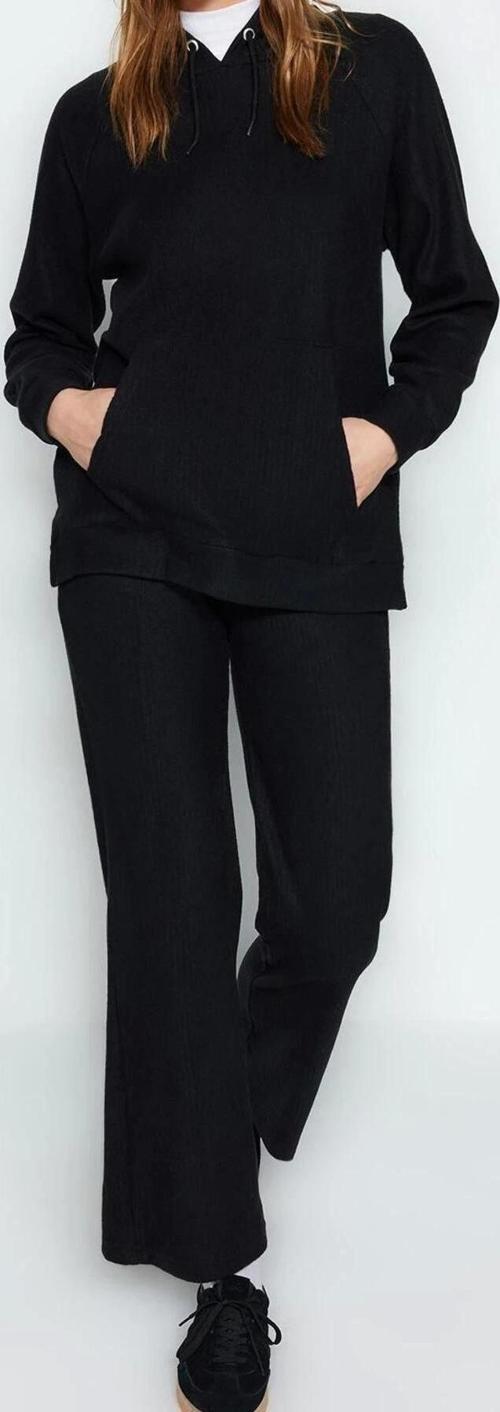 Moda Yüksek Bel Bisiklet Yaka Sportswear Kapüşonlu Kaşkorse Sweatshirt-Pantolon Örme Alt-Üst Takım