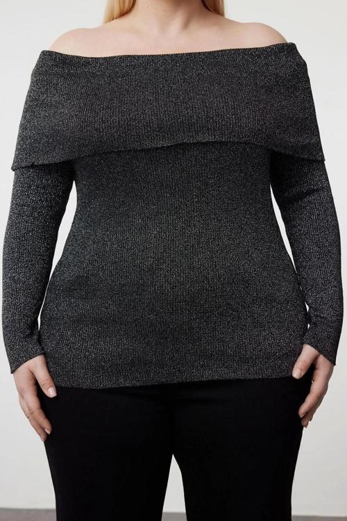Moda Büyük Beden Carmen Yaka Triko Fit Düz Desen Casual Günlük Regular Uzun Kol Bluz