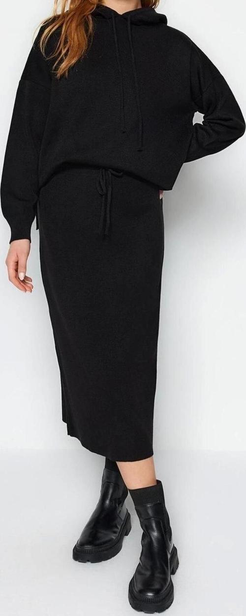 Moda Triko Düz Kapüşonlu Casual Günlük Siyah Kapüşonlu Kazak-Etek Triko Alt-Üst Takım