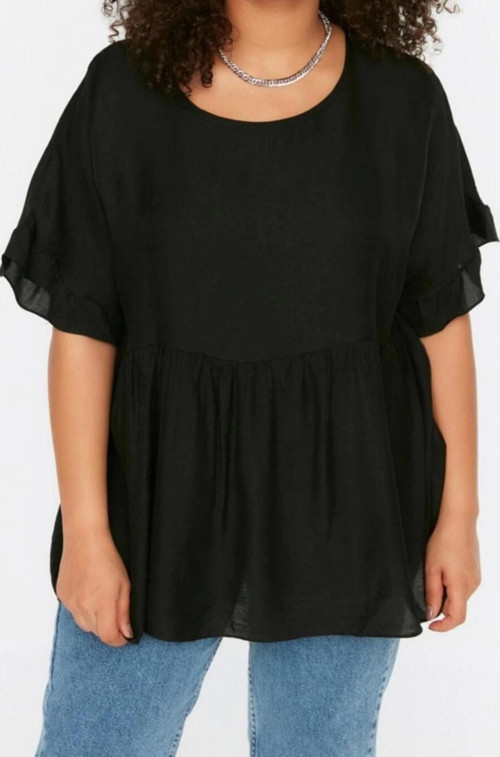 Moda Büyük Beden Bisiklet Yaka Dokuma Oversize Düz Desen Casual Günlük Regular Kısa Kol Bluz
