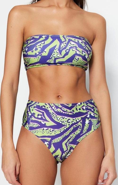 Moda Leopar Atma Kap Straplez Yüksek Bel Hipster Yeşil Straplez Yüksek Bel Hipster Bikini Takımı