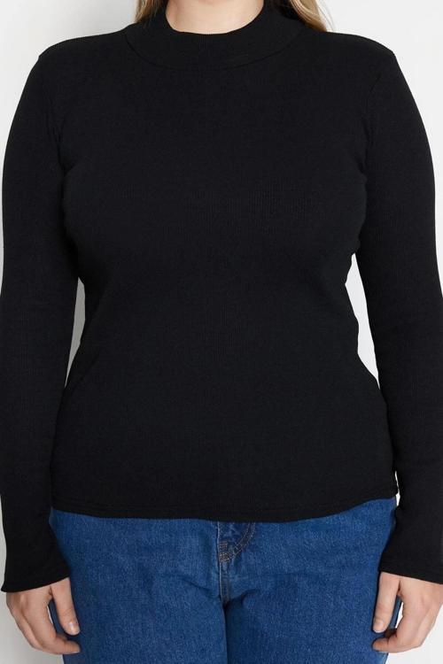 Moda Büyük Beden Dik Yaka Örme Fit Düz Desen Casual Günlük Regular Uzun Kol Bluz