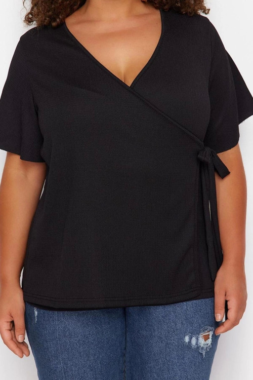 Moda Büyük Beden Kruvaze Örme Fit Düz Desen Casual Günlük Regular Kısa Kol Bluz