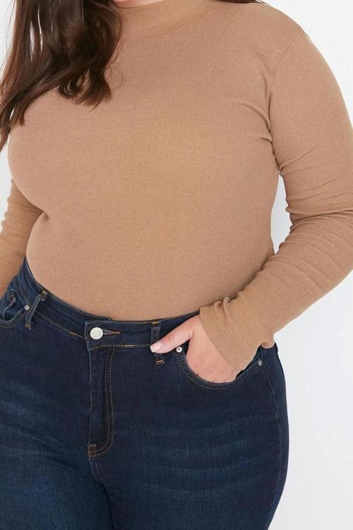 Moda Büyük Beden Dik Yaka Örme Fit Düz Desen Casual Günlük Regular Uzun Kol Bluz