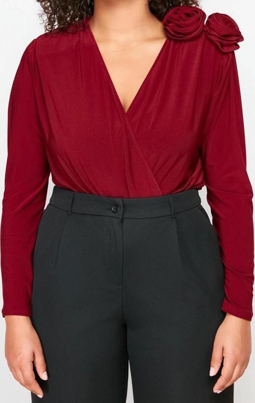 Moda Büyük Beden Kruvaze Örme Fit Düz Desen Casual Günlük Regular Uzun Kol Bluz