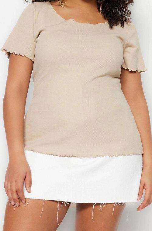 Moda Büyük Beden Kare Yaka Örme Fit Düz Desen Casual Günlük Regular Kısa Kol Bluz