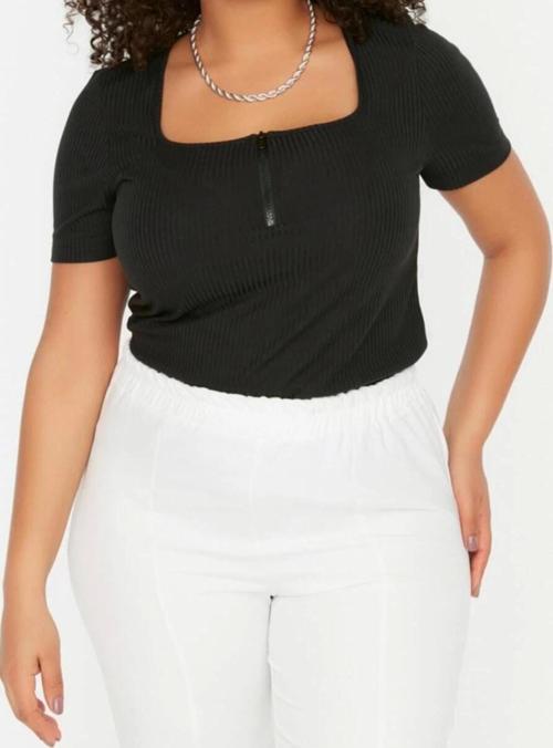 Moda Büyük Beden Kare Yaka Örme Fit Düz Desen Casual Günlük Crop Kısa Kol Bluz
