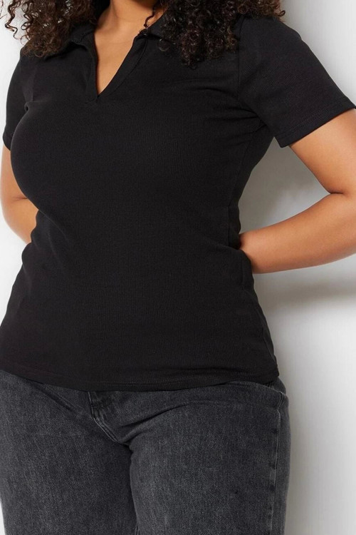 Moda Büyük Beden Polo Yaka Örme Regular Düz Desen Casual Günlük Crop Kısa Kol Bluz