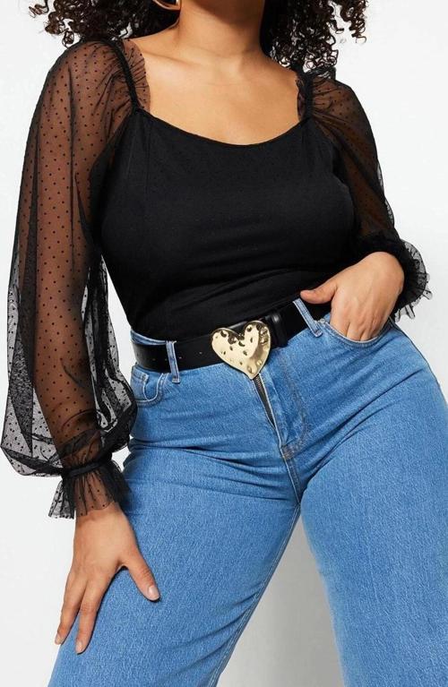 Moda Büyük Beden Kare Yaka Dokuma Regular Puantiyeli Desen Casual Günlük Regular Uzun Kol Bluz