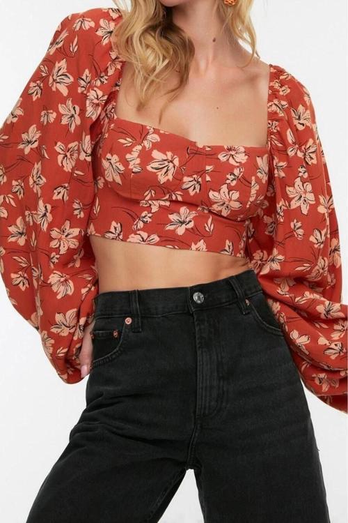 Moda Bisiklet Yaka Dokuma Slim Fit Çiçekli Desen Plaj Crop Uzun Kol Bluz