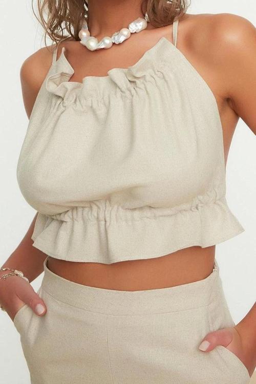 Moda Bisiklet Yaka Dokuma Regular Düz Desen Plaj Crop Kolsuz Bluz