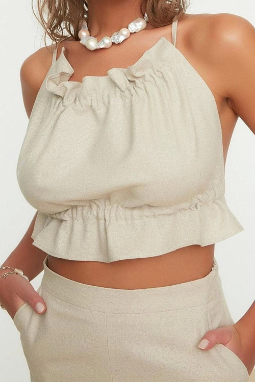 Moda Bisiklet Yaka Dokuma Regular Düz Desen Plaj Crop Kolsuz Bluz
