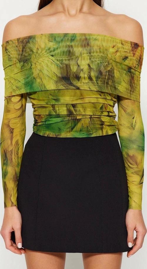 Moda Carmen Yaka Örme Slim Fit Çiçekli Desen Şık gece Crop Uzun Kol Bluz