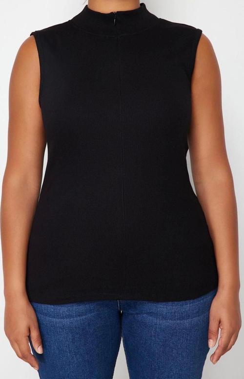 Moda Büyük Beden Dik Yaka Örme Fit Düz Desen Casual Günlük Regular Kolsuz Bluz