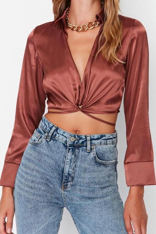 Moda Gömlek Yaka Dokuma Fit Düz Desen Şık gece Regular Uzun Kol Bluz