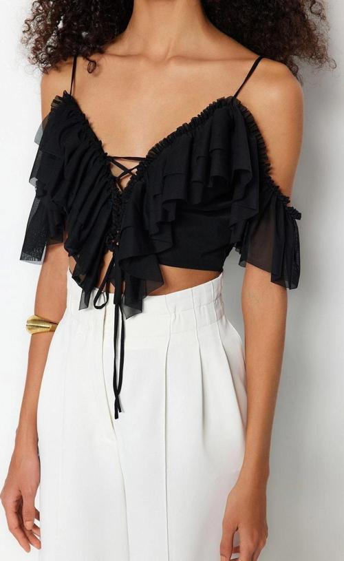 Moda V Yaka Örme Regular Düz Desen Şık gece Crop Kısa Kol Bluz