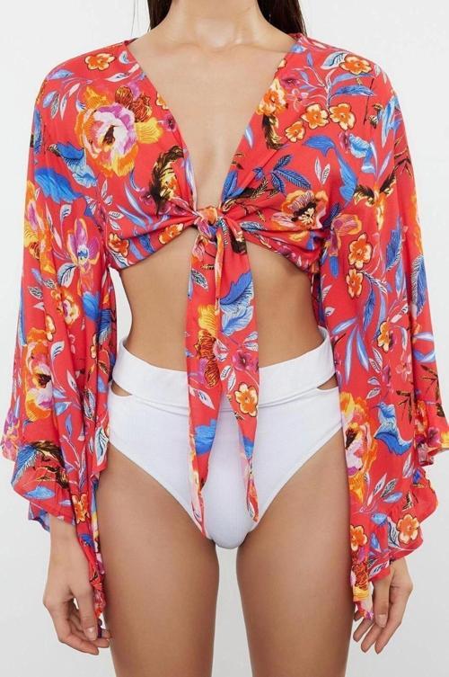 Moda V Yaka Dokuma Crop Çiçekli Desen Plaj Crop Uzun Kol Bluz