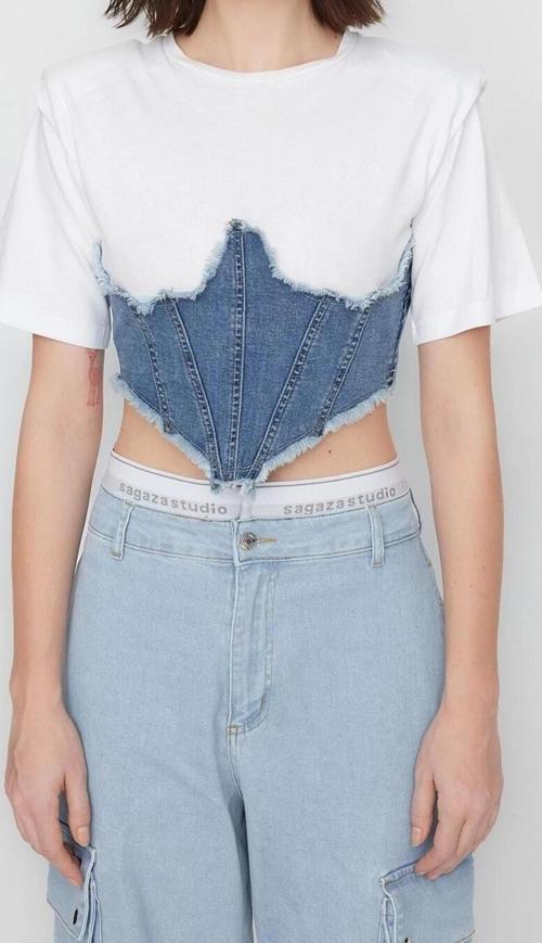 Moda Bisiklet Yaka Denim Fit Düz Desen Parti Regular Kısa Kol Bluz