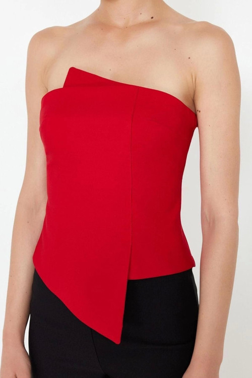Moda Straplez Dokuma Fit Düz Desen Şık gece Regular Kolsuz Bluz