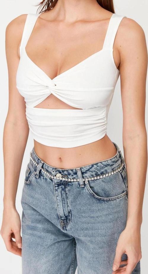 Moda Kalp Yaka Örme Fit Düz Desen Şık gece Crop Askılı Kol Bluz