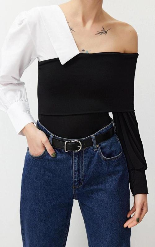 Moda Ceket Yaka Örme Oversize Düz Desen Şık gece Crop Uzun Kol Bluz