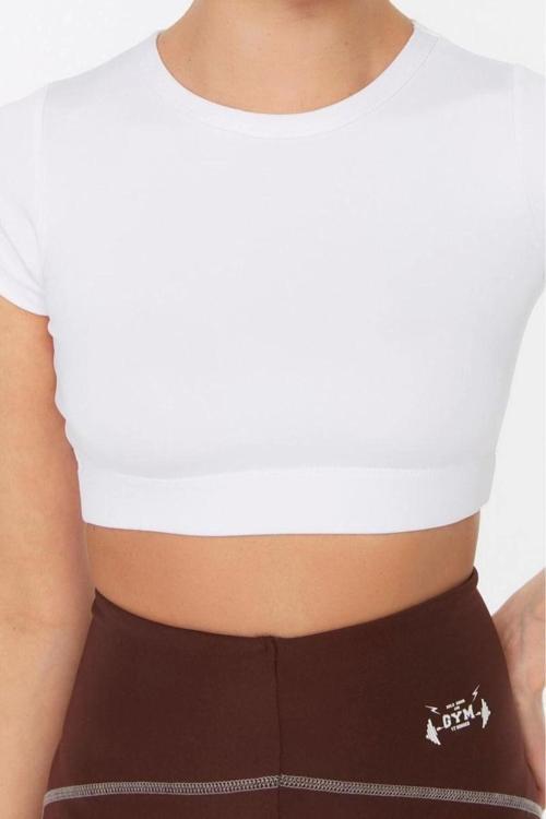 Moda Bisiklet Yaka Örme Fit Düz Desen Sportswear Super Crop Kısa Kol Bluz