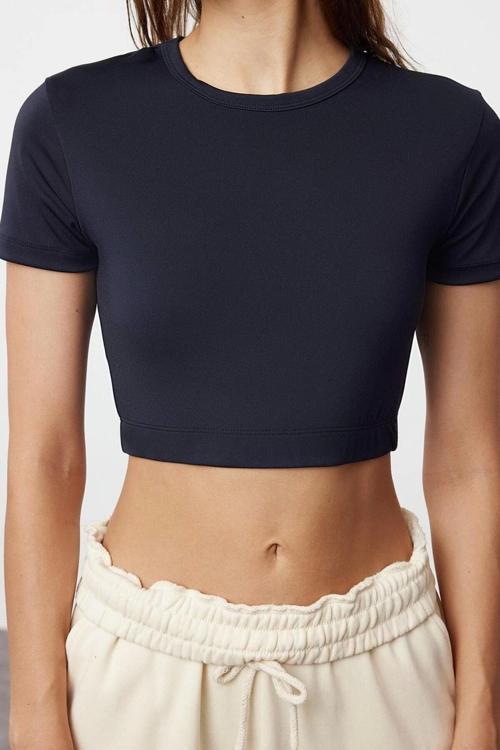 Moda Bisiklet Yaka Örme Fit Düz Desen Sportswear Super Crop Kısa Kol Bluz