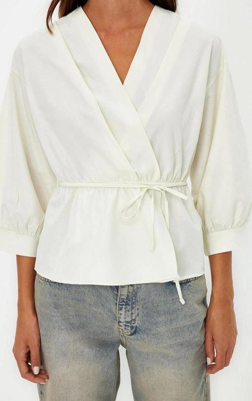 Moda Kruvaze Dokuma Regular Düz Desen Casual Günlük Regular Uzun Kol Bluz