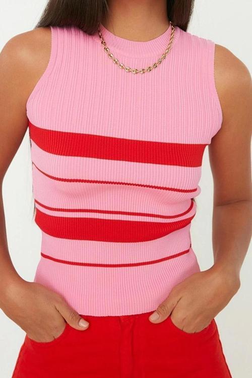 Moda Bisiklet Yaka Triko Slim Renk Bloklu Desen Casual Günlük Regular Kolsuz Bluz