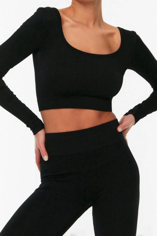 Moda Kare Yaka Örme Fit Düz Desen Sportswear Crop Uzun Kol Bluz