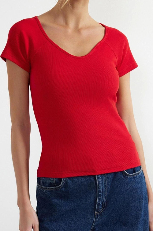 Moda Kalp Yaka Örme Fit Düz Desen Casual Günlük Regular Kısa Kol Bluz
