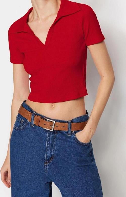 Moda Polo Yaka Örme Slim Slogan Desen Casual Günlük Crop Kısa Kol Bluz