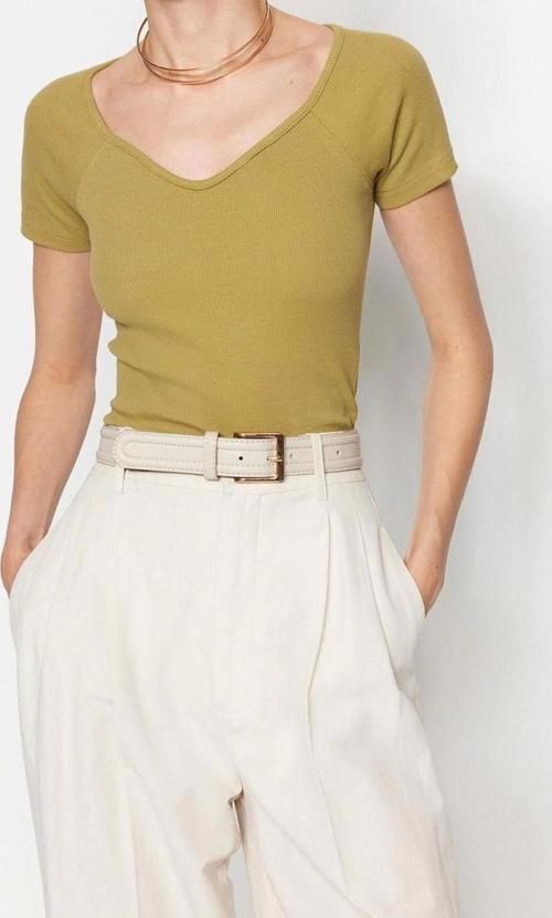 Moda Kalp Yaka Örme Fit Düz Desen Casual Günlük Regular Kısa Kol Bluz
